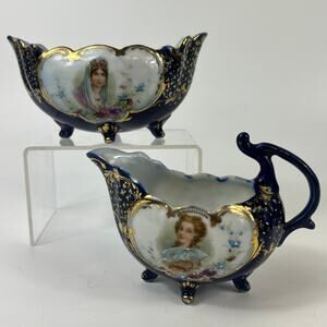 Cobalt Blue Gold 2 Piece Gravy Sauce Serving Set Antique Antoinette Bonaparte